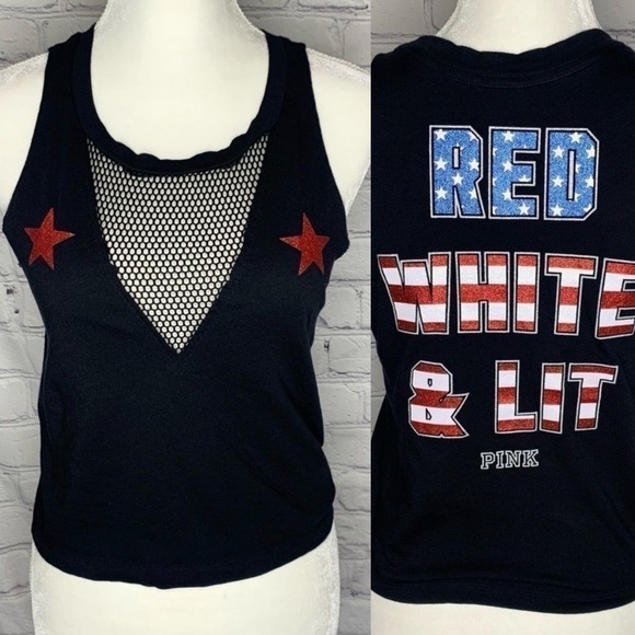Pink VICTORIA’S SECRET Red, White and Lit glitter mesh crop tank top - Picture 1 of 12